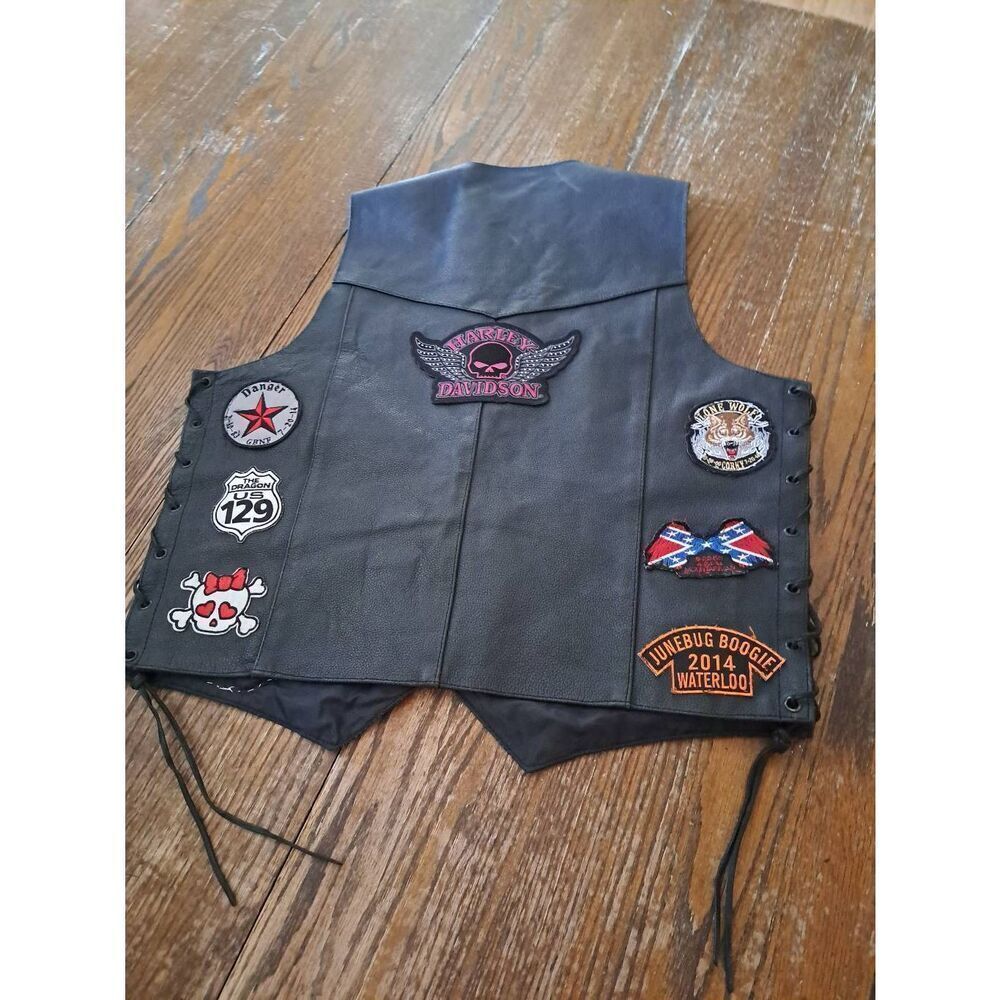 Rocky Mountain Hides Cowhide Leather Biker Vest M Black Laced Memorial Patches
